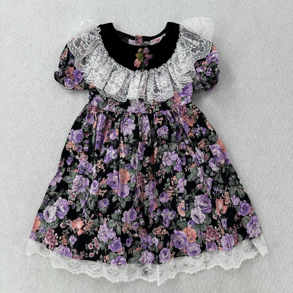 Vintage Girls' Roanna Lace Floral‎ Dress Purple White Black Baby Size 18 Mo?